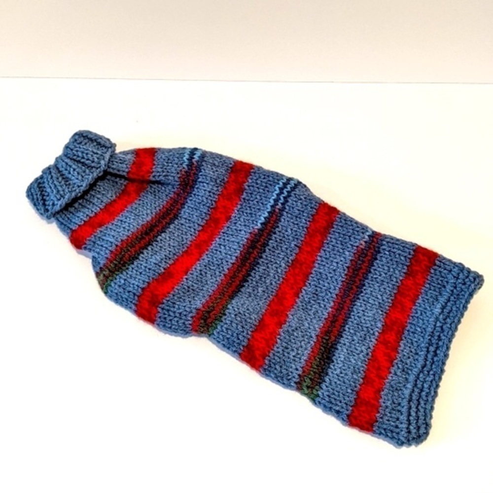 Handmade Hand Knit Blue Striped Dog Sweater Medium